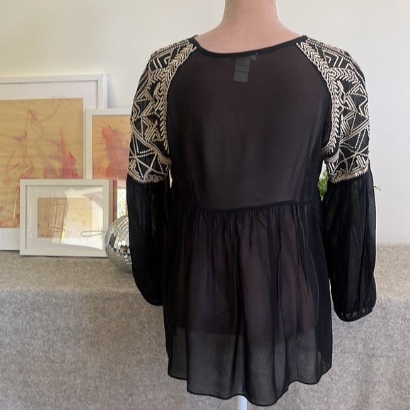 Black sheer silk Sundance top with cream embroidery. Size S - Picture 3 of 6